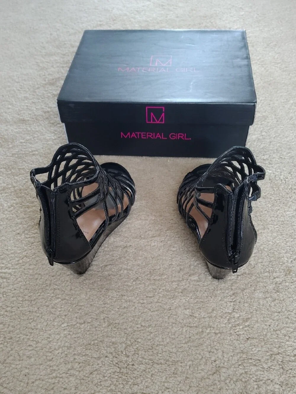 Material Girl Black Patent Lattice Peep-Toe Cage Heels
